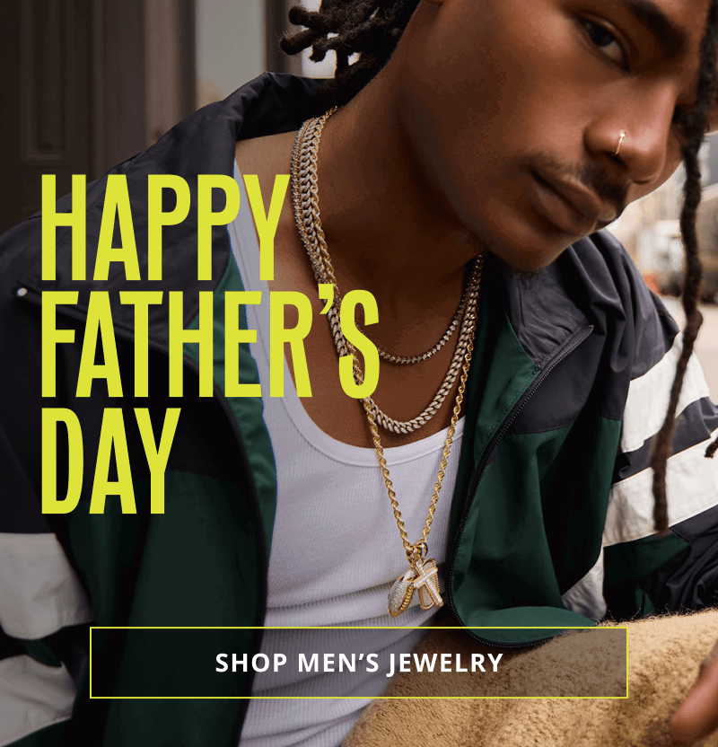 Male with gold pendant chains, including cross & football. Happy Father’s Day. Click here to shop men’s jewelry 