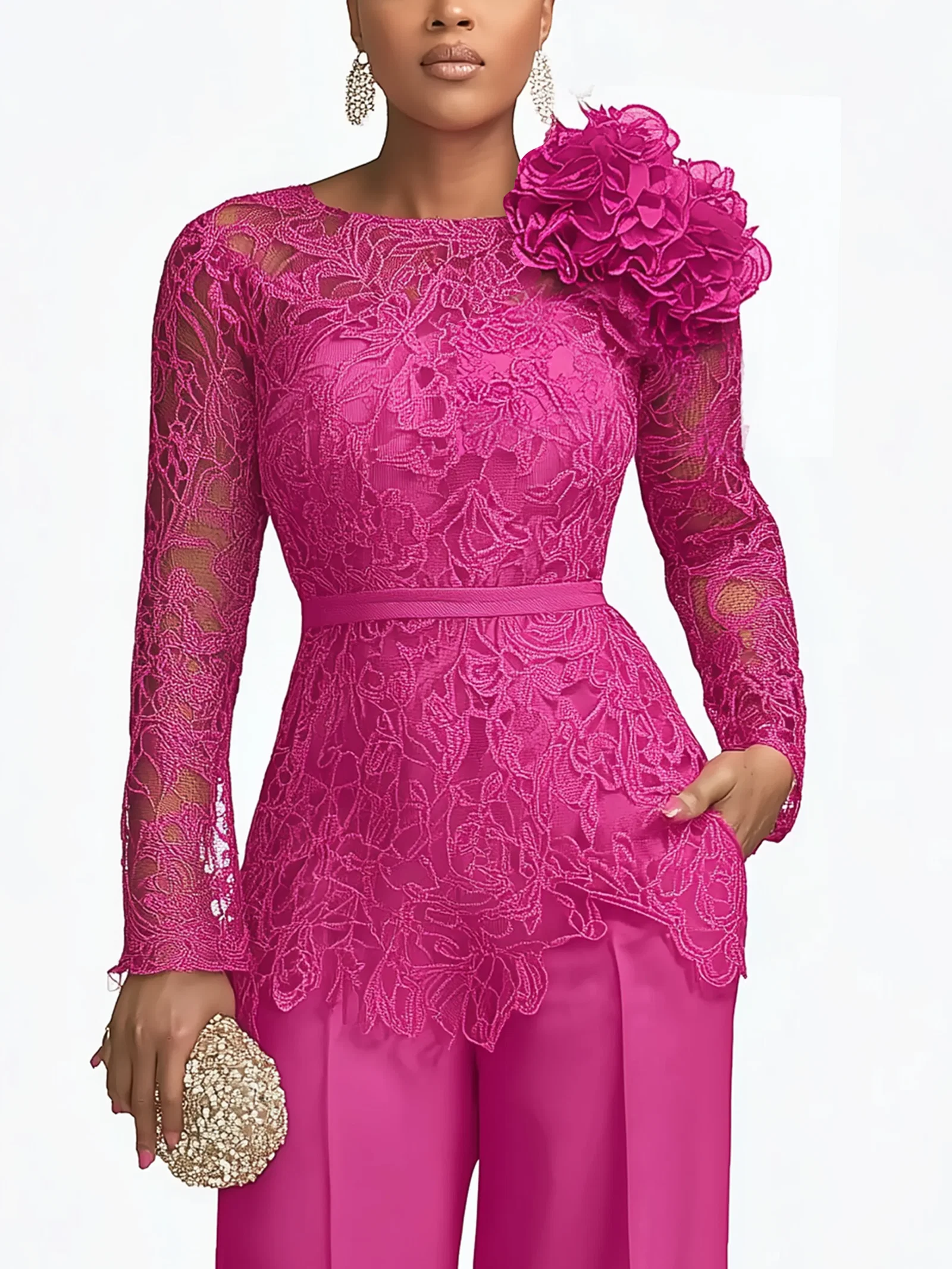 Image of Urban Plain Lace Crew Neck Blouse With 3D Floral