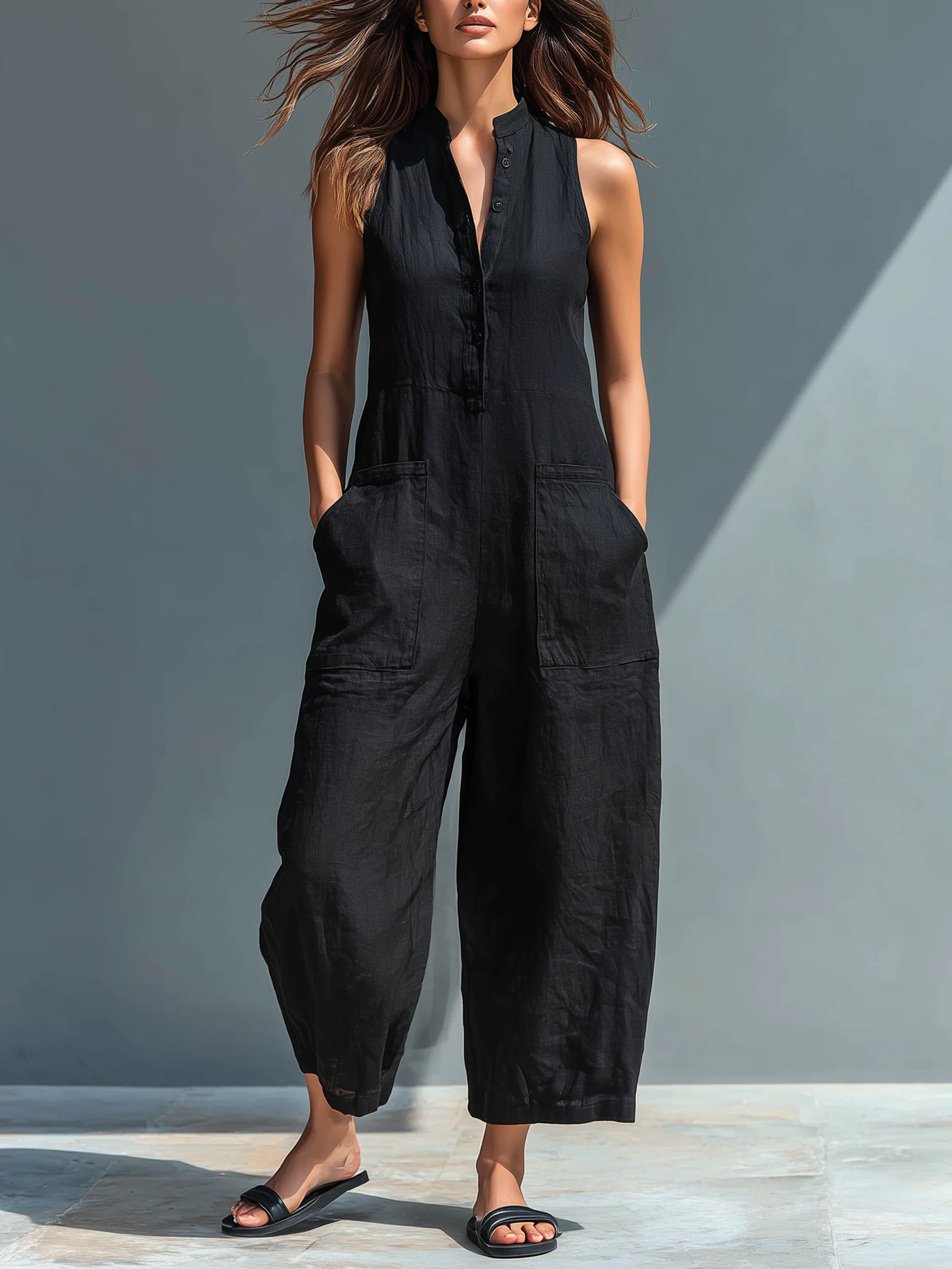Image of Casual Pockets Plain V Neck Tank Jumpsuit