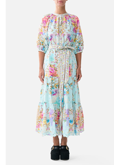 PUFF SLEEVE MIDI SHIRT DRESS WITH TIE | BAZAAR BLOOMS