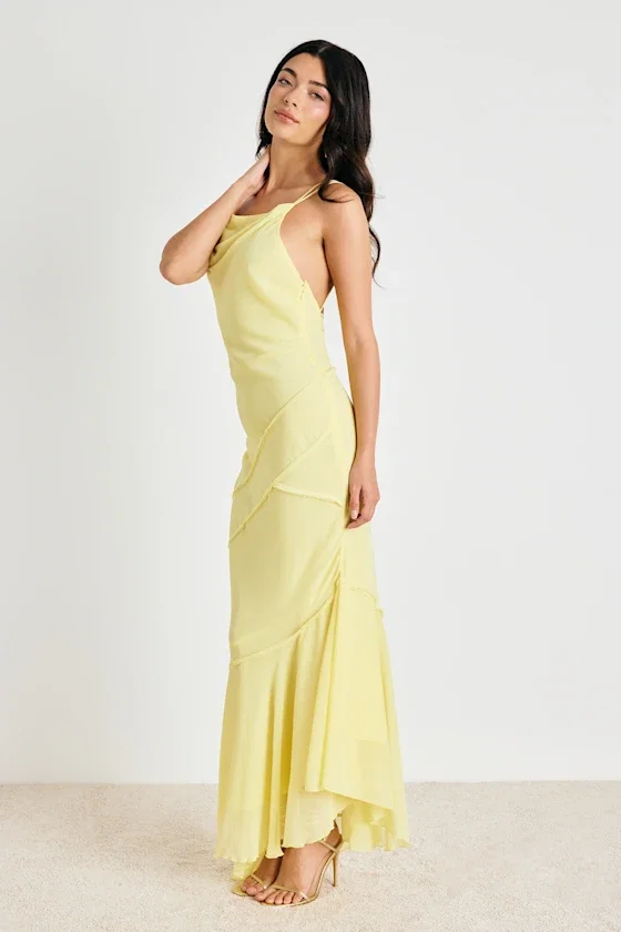 Image of Lanista Light Yellow Strappy Asymmetrical Maxi Dress