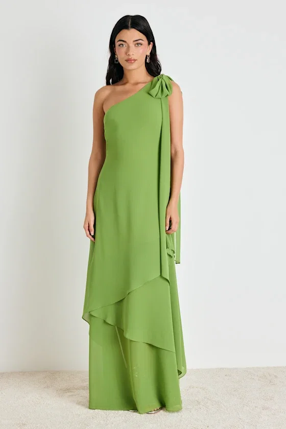 Image of Camellia Bright Green One-Shoulder Bow Maxi Dress