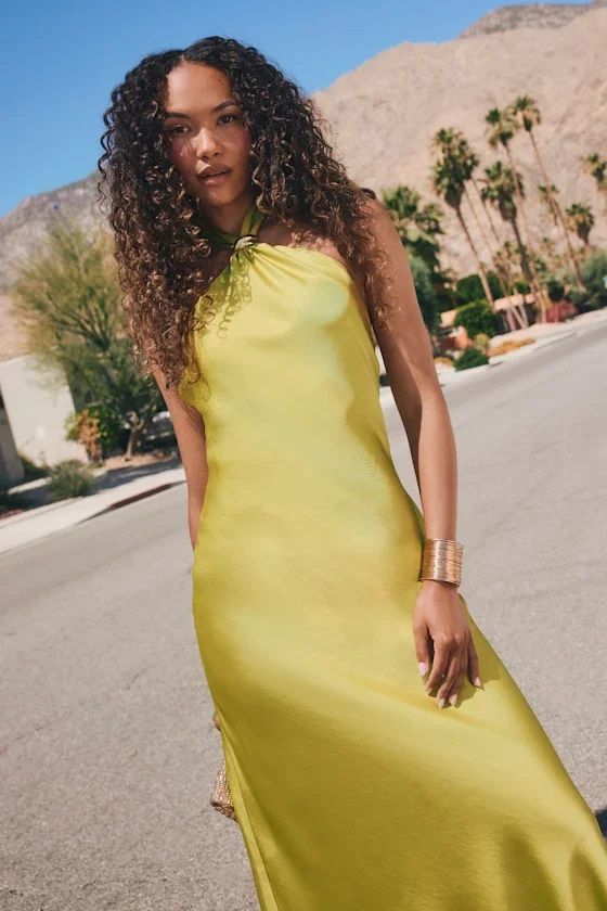 Image of Lorissa Chartreuse Satin Halter Midi Dress