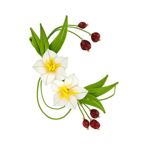 Handcrafted silk floral brooch featuring white blossoms and natural Bodhi seeds. - Shop Now.