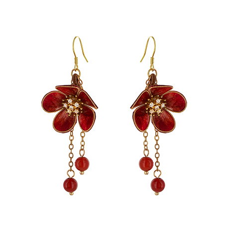 Handcrafted plum blossom silk earrings in deep red tones with agate drops. - Shop Now.