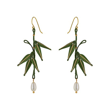 Handcrafted green silk bamboo leaf earrings with freshwater pearls. - Shop Now.