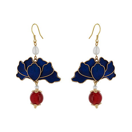 Handcrafted blue silk lotus flower earrings with freshwater pearls and agate drops. - Shop Now.