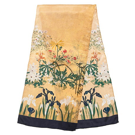 Silk scarf featuring a design inspired by the Japanese iris flower. - Shop Now.