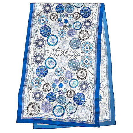 Silk scarf featuring a design inspired by blue and white Chinese ceramics. - Shop Now.