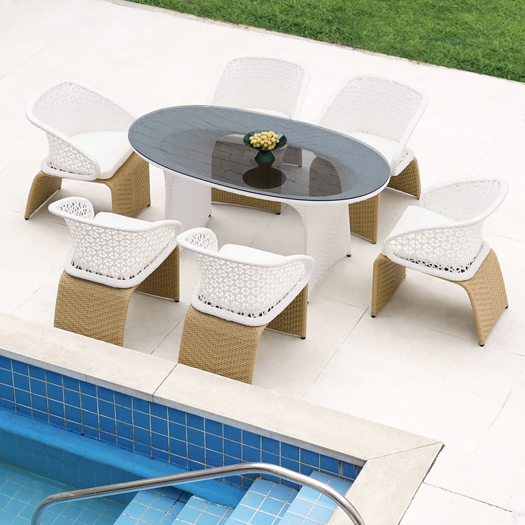 7 Pieces Oval Glass Table Outdoor Dining Set with Rattan Armchair for 6 Person