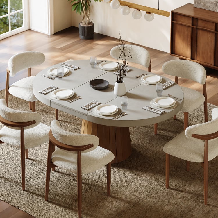 Japandi 39"–55" Extendable Round-to-Oval Wood Dining Table–Concrete Gray, Seats 4–6