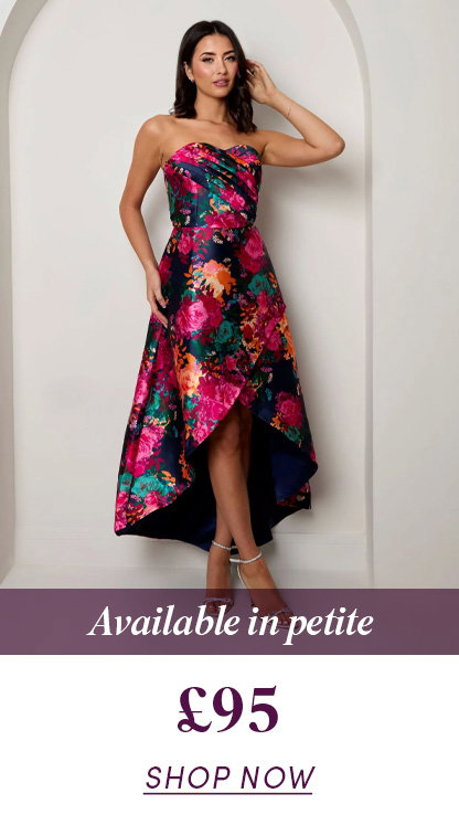 Bandeau Sweetheart Floral Wrap Detail Dip Hem Dress in Navy
