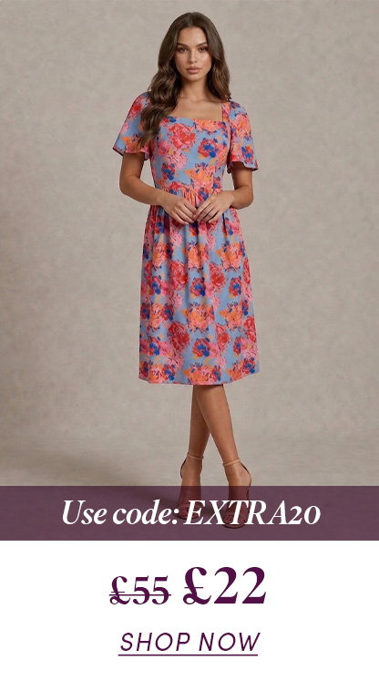 Square Neck Floral Midi Dress in Blue