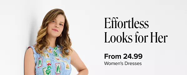 Effortless looks for her. From 24.99 womens dresses. A woman in a blue dress with watercolor prints on it.