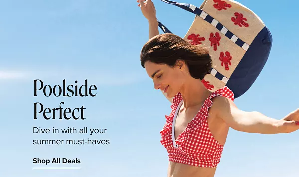 Poolside perfect. Dive in with all your summer must haves. Shop all deals. A woman in a red and white checkered bathing bikini on the beach.