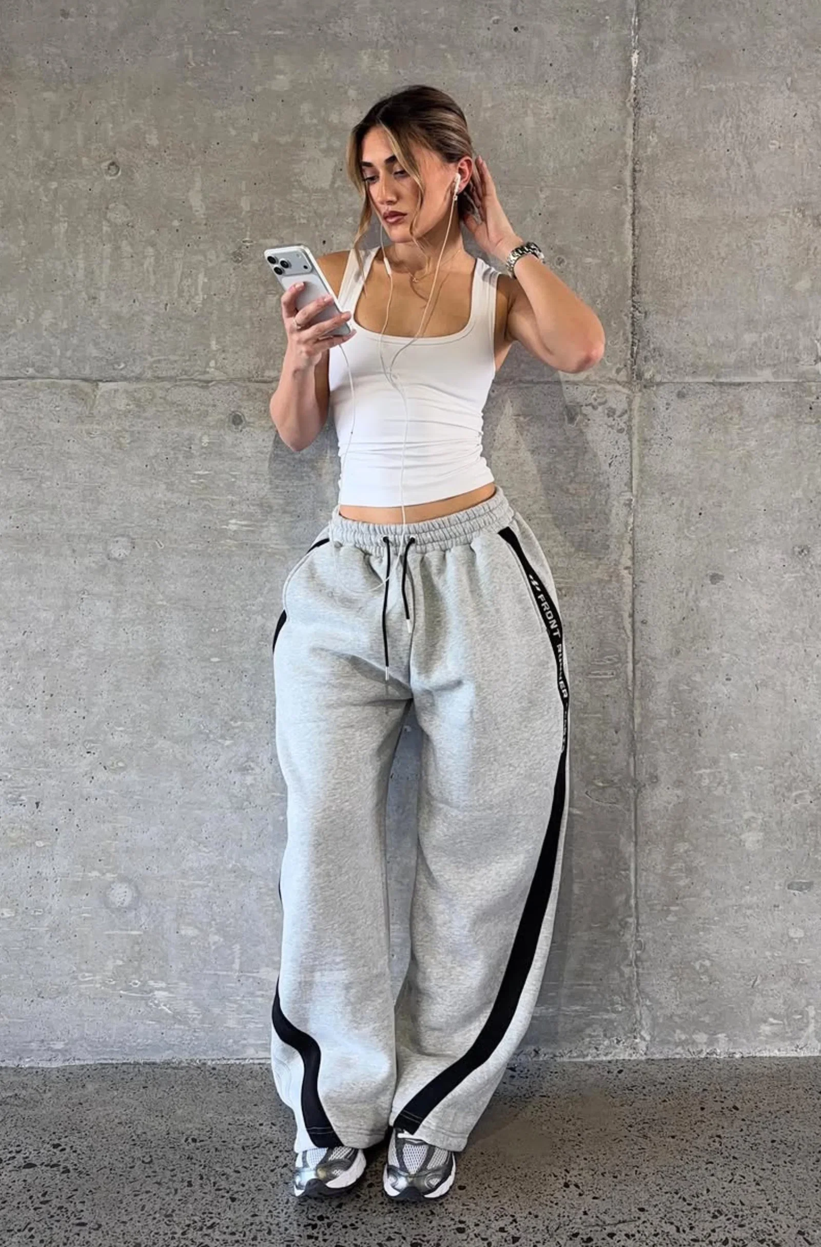 Image of FR Sports Stripe Barrel Leg Trackpant - Grey Marle