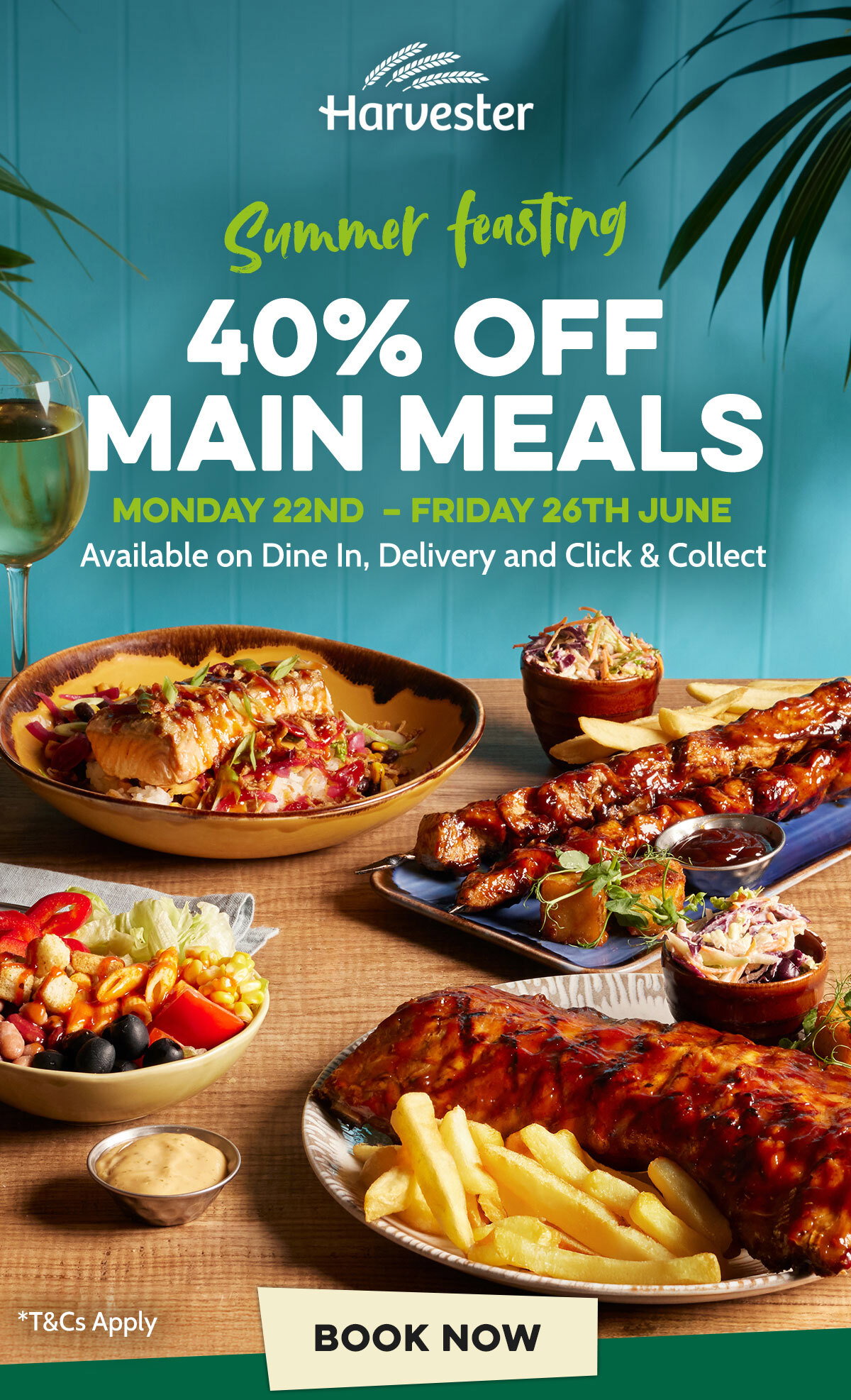 Enjoy 40% off main meals at Harvester this week, from Monday 22nd - Friday 26th June.