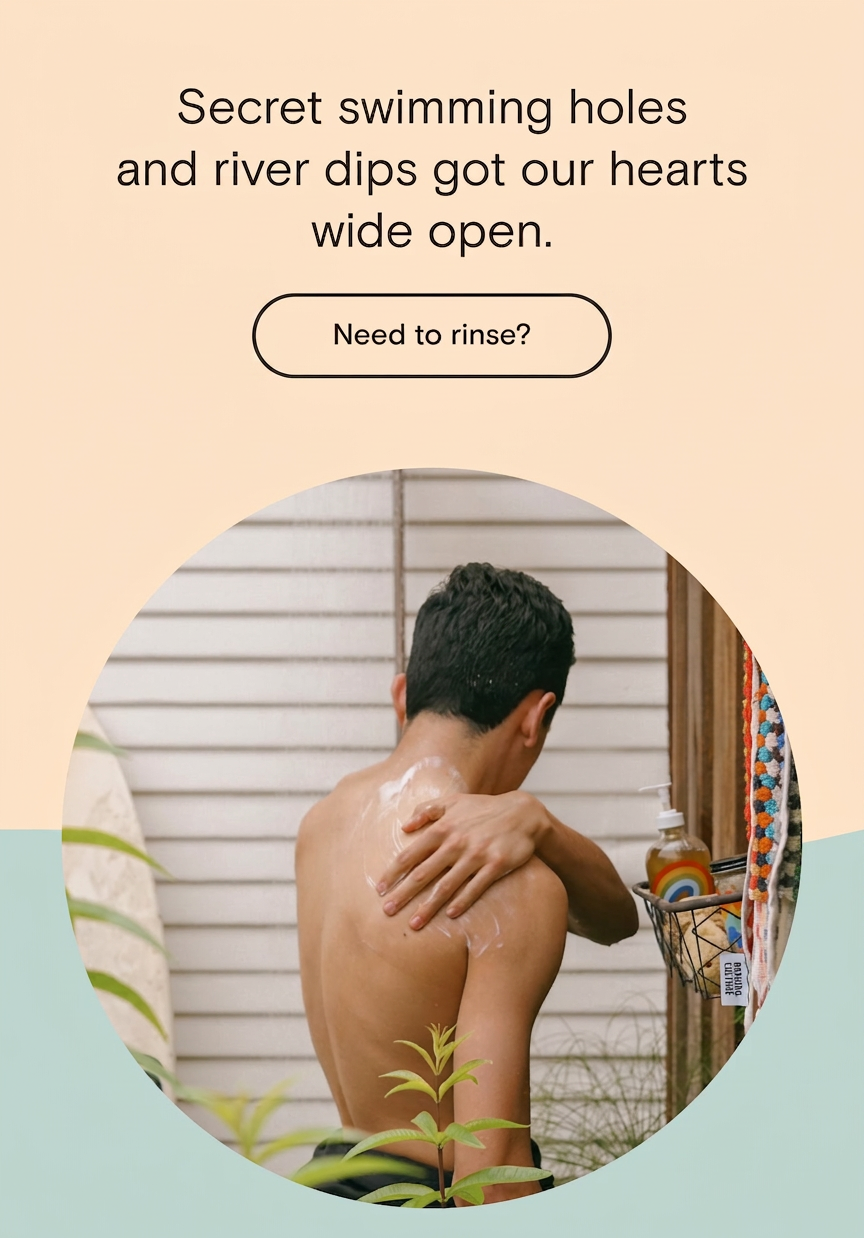 Man showering outdoors after swimming, with text about rinsing off.