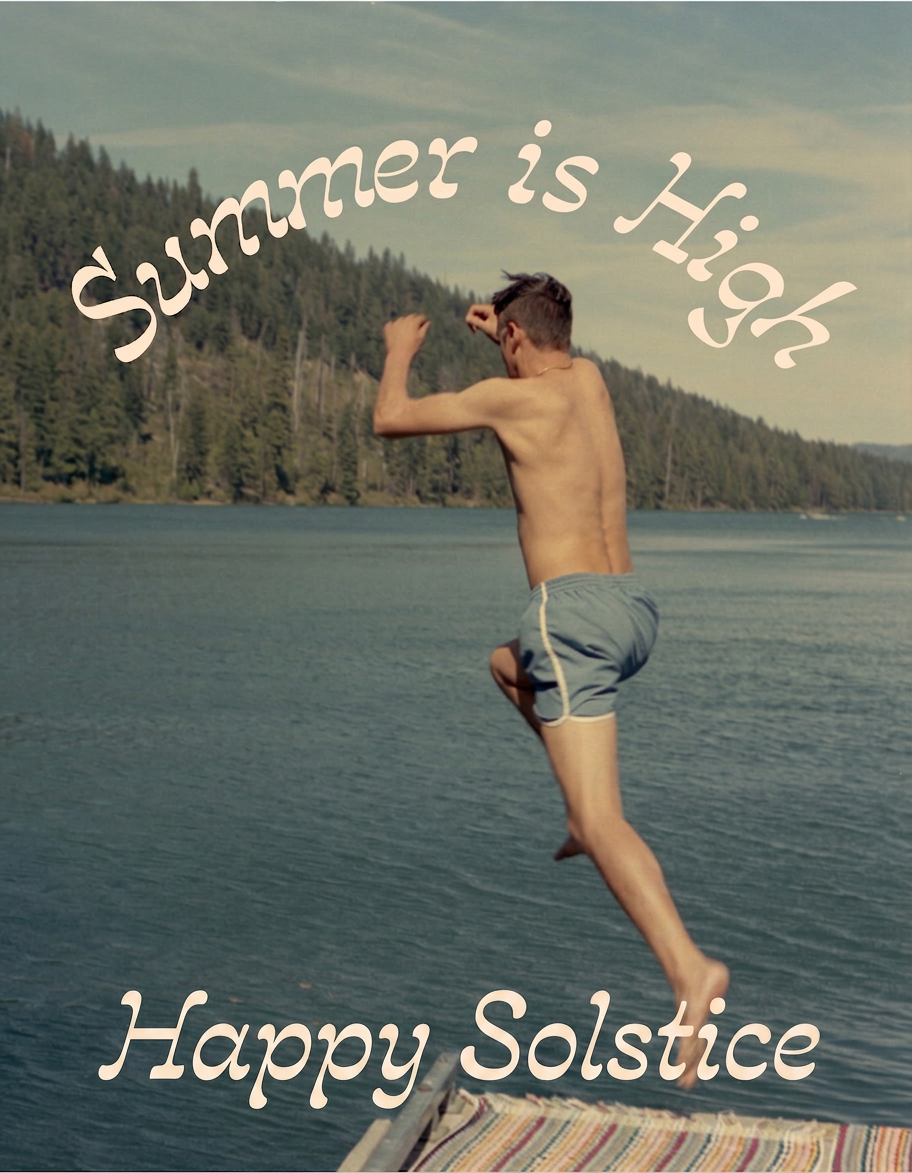 A young man jumps into a lake with "Summer is High Happy Solstice" text.