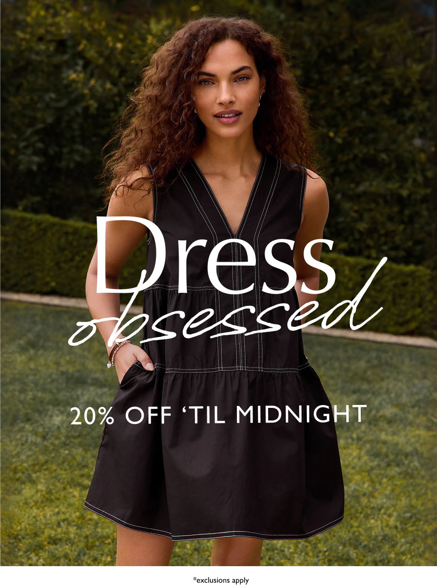 Dress obsessed. 20% off til midnight (exclusions apply)! Image of model in Lyn mini shift dress. 