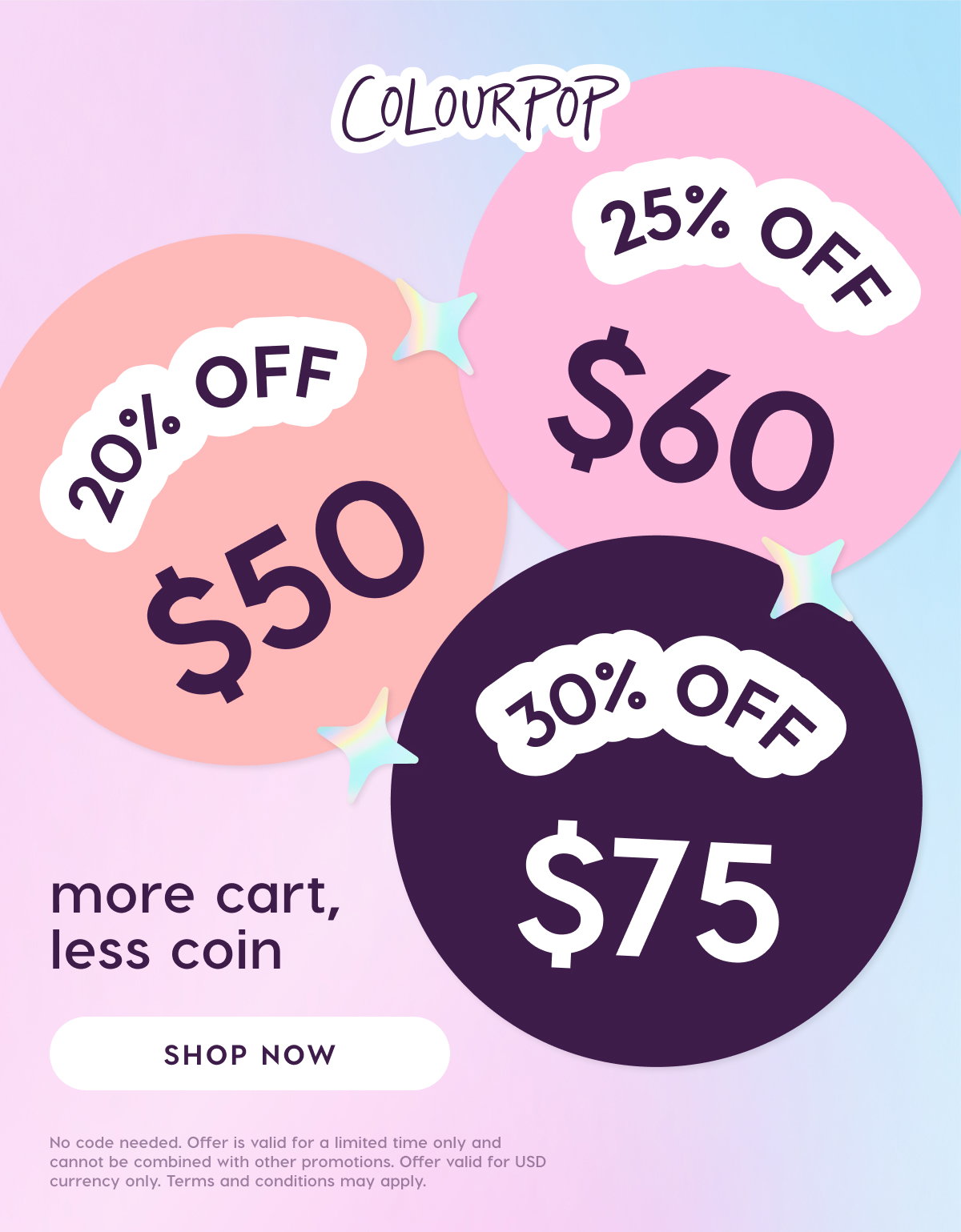 ColourPop | 20% off $50, 25% Off $60, 30% Off $75. Shop Now