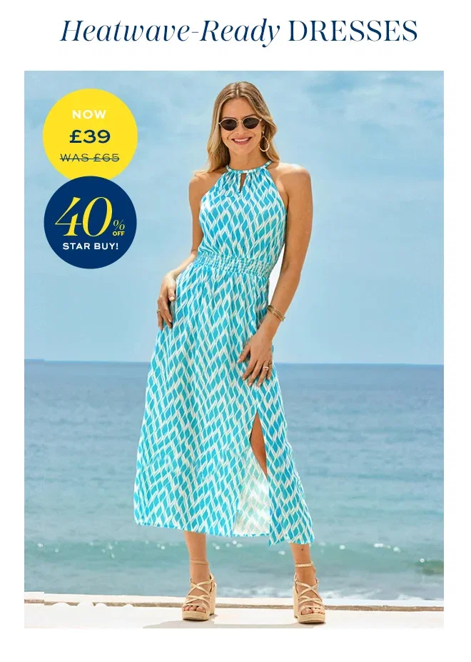 Blue & White Geometric Print Halter Neck Dress