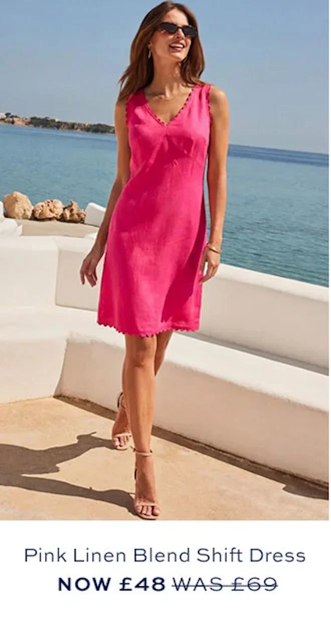 Pink Linen Blend Scallop Trim Shift Dress
