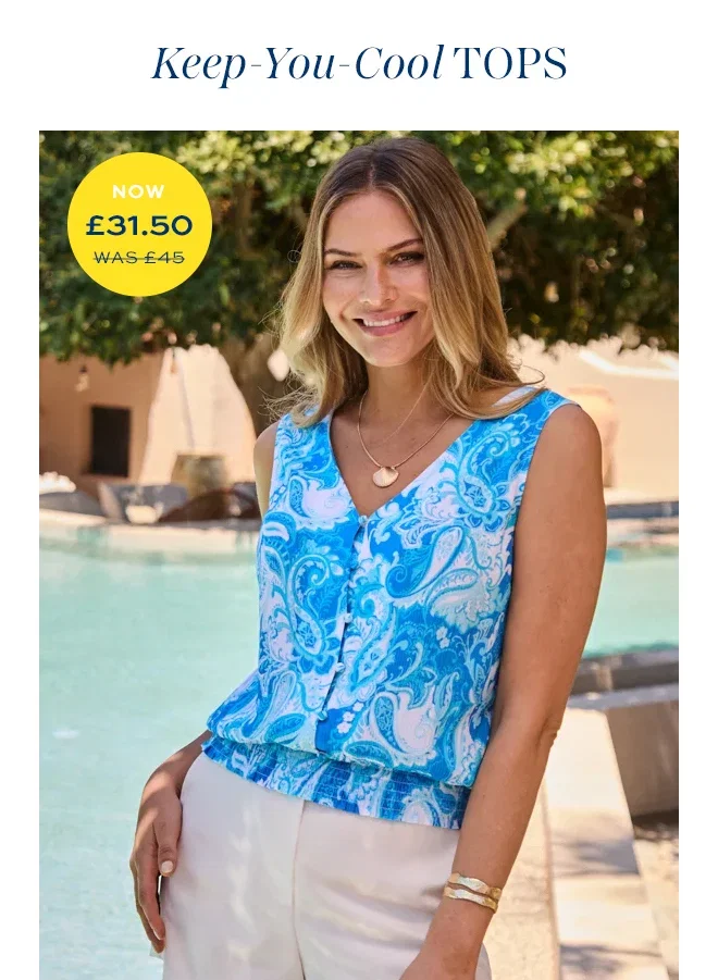 Blue Paisley Print Button Detail Shirred Hem Top