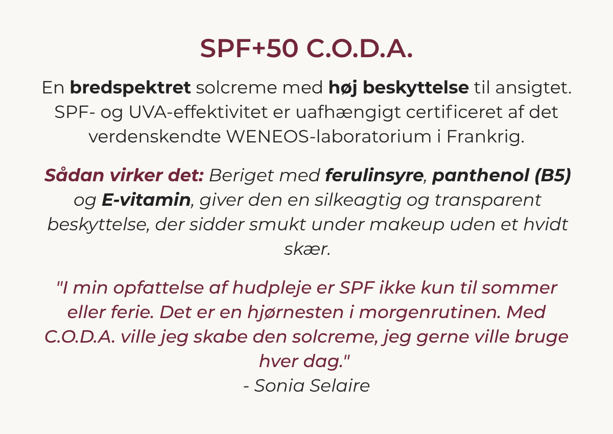SPF+50 C.O.D.A – daglig solcreme med høj beskyttelse, hvis ydeevne er uafhængigt certificeret af WENEOS-laboratoriet i Frankrig