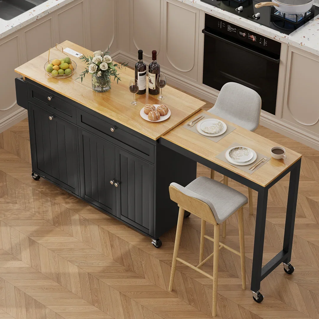 81.6" Kitchen Island With Extendable Dining Table 2 Drawers And 2 Doors Cabinet For Kitchen