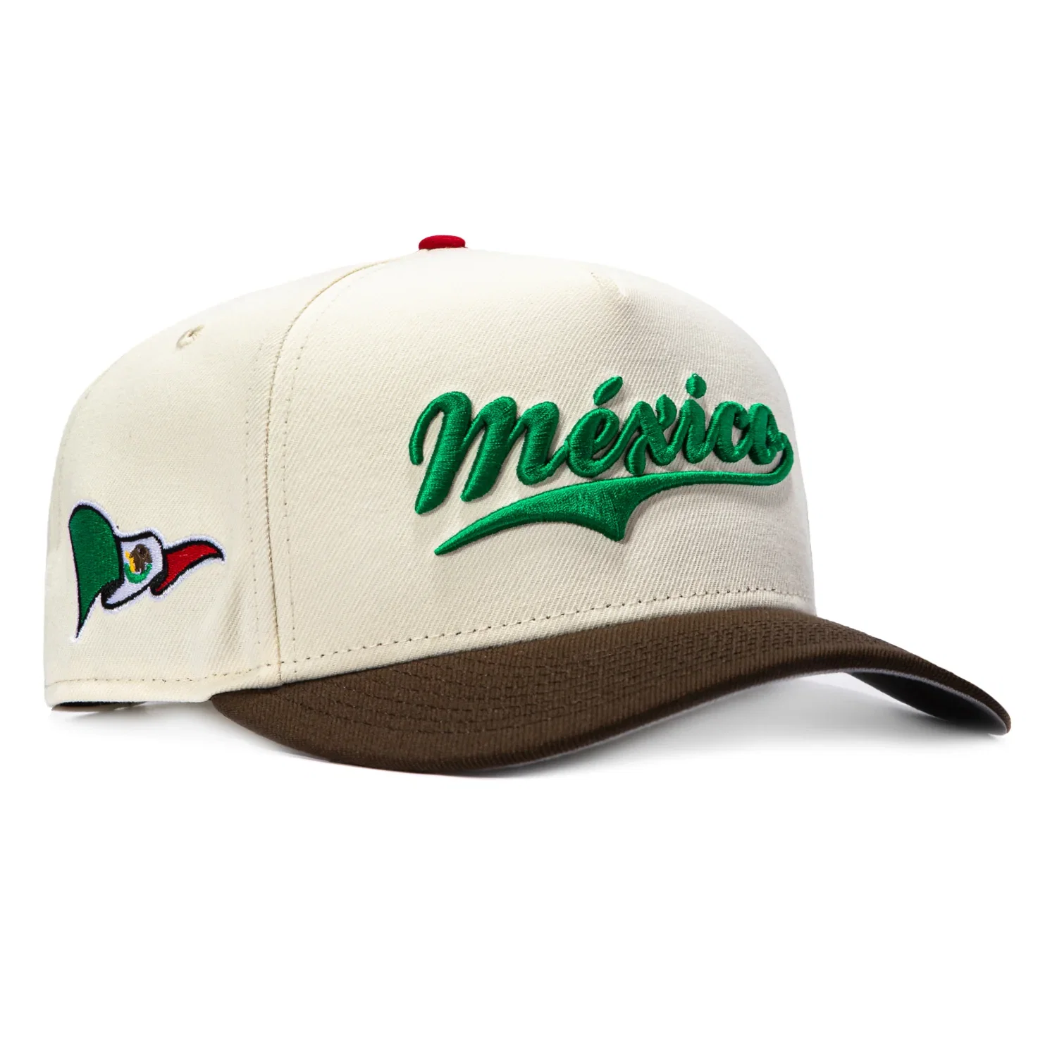 Image of New Era 9Fifty A-Frame 2026 Del Mundo Mexico Flag Patch Script Snapback Pre-curved Hat - White, Brown