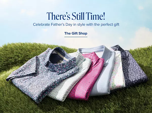 There is still time! Celebrate Fathers Day in style with the perfect gift. Shop the gift shop. Six golf polos fanned out on the grass.