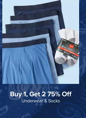 Buy one, get two 75% off underwear and socks. Shop now.