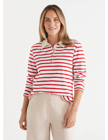 Stripe Contrast Collar Polo Top