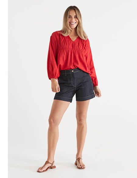 Linen Blend Gathered Neck Top