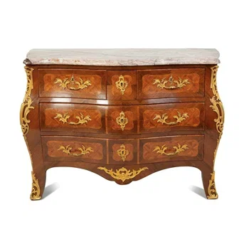 A Louis XV Style Kingwood Parquetry Marble Top Bombe Commode