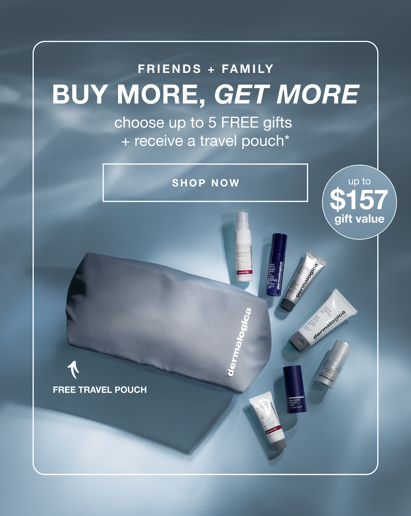 friends + family | buy more, get more | choose up to 5 free gifts + receive a travel pouch | shop now | up to $157 gift value