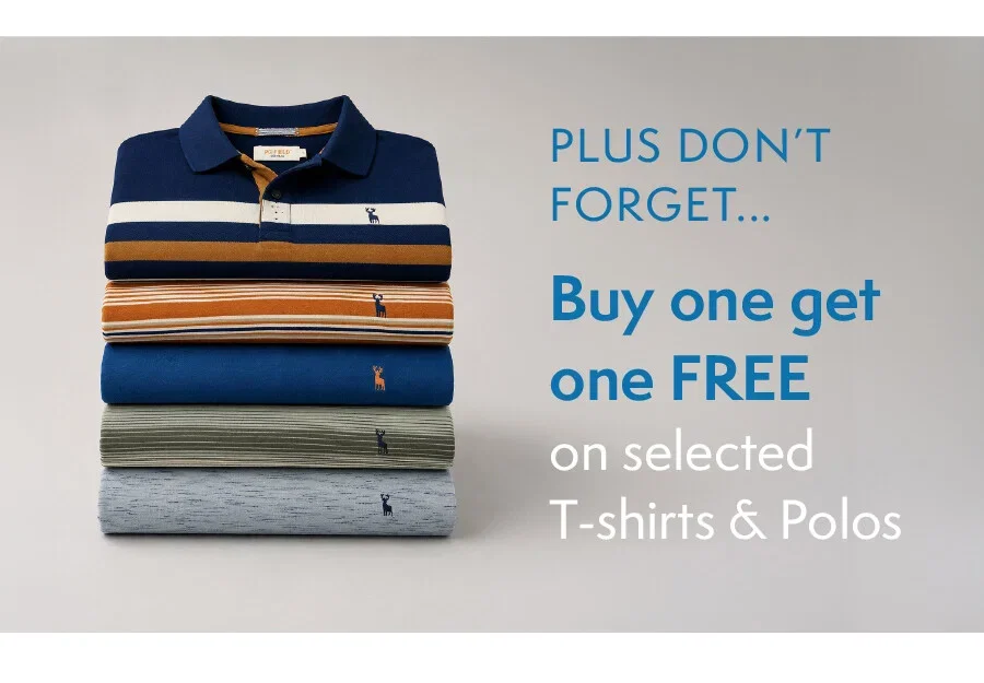 Buy One Get On FREE On Selected T Shirts & Polos