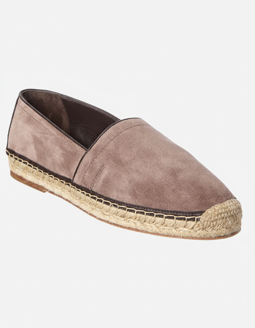 A taupe suede espadrille with a dark brown trim and jute sole.