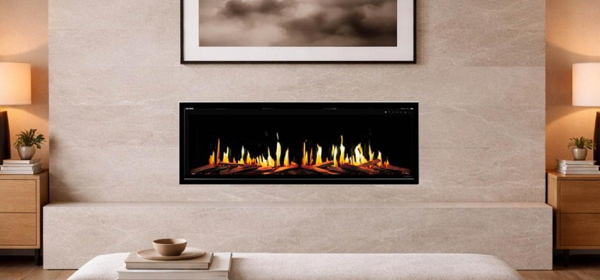 Modern living room with electric fireplace.