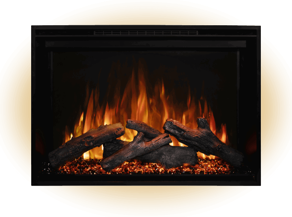 Cozy electric fireplace with glowing logs.