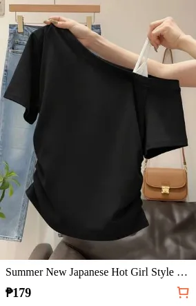 Summer New Japanese Hot Girl Style Grey Asymmetric Shoulder T-Shirt Women Side Waist Cinched Waist Slimming Asymmetrical Casual