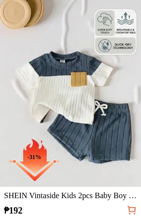 SHEIN Vintaside Kids 2pcs Baby Boy Toddler Summer Outfit Set: Ribbed Color Block Shirt And Matching Blue Pants, Casual All-Match Comfortable And Versatile