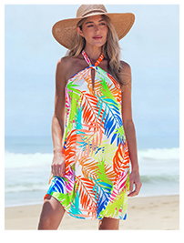 Tropical Leaf Print Halter Neck Swim Cover-Up Dress