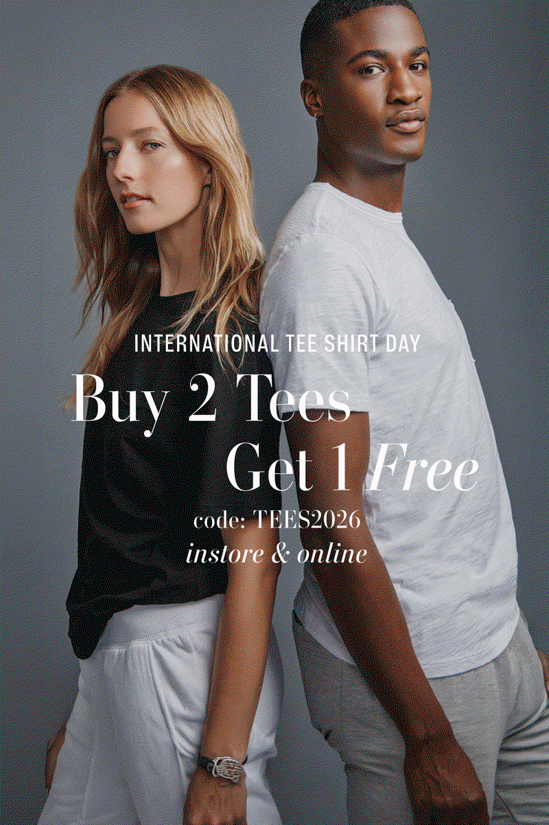 Text says: International Tee Shirt Day Buy 2 Tees Get 1 Free code: TEES2026 instore & online.