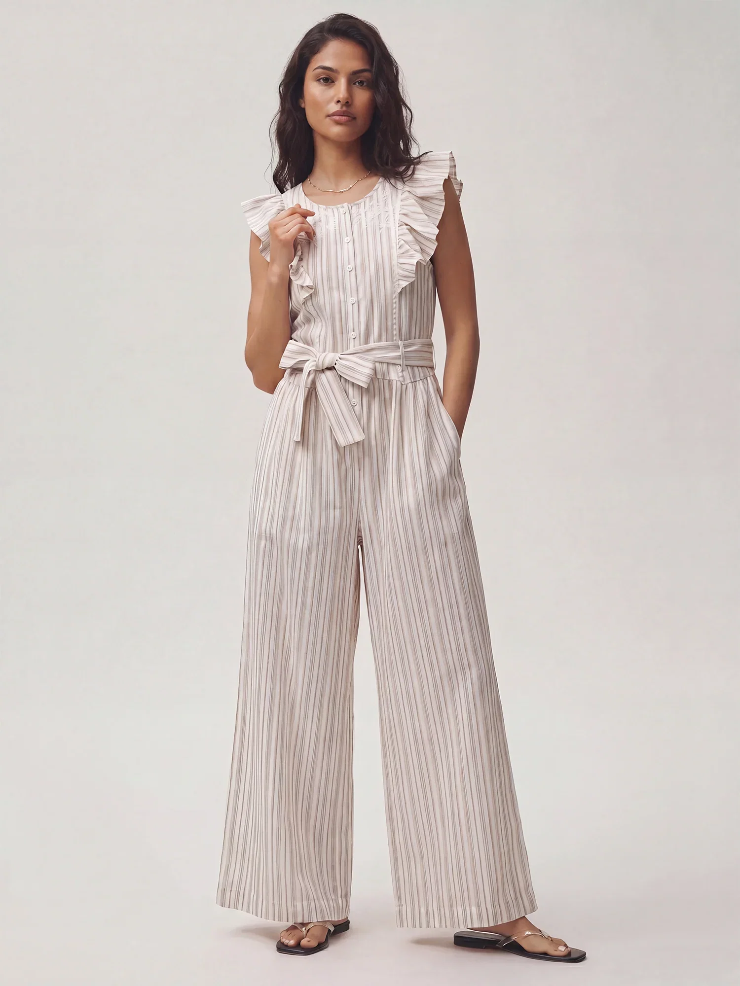 Image of Ruffle Stripe Tie Waist Jumpsuit