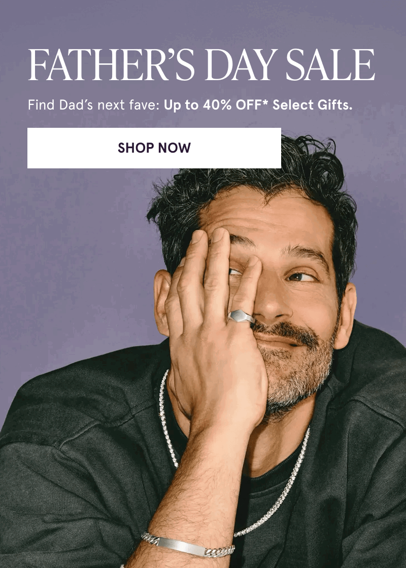 Male with silver ring, ID bracelet & tennis chain. Father’s Day Sale.  Up to 40% OFF* Select Gifts. Click here to shop now