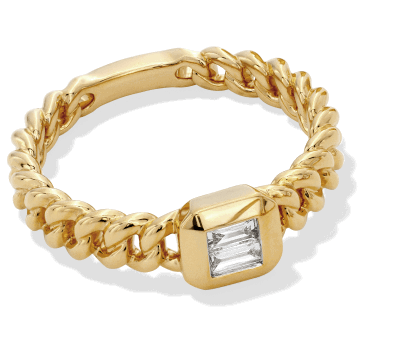 Gold ring with diamond in the center.