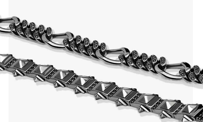 Two black chrome men’s bracelets. Men’s styles on sale. Click shop now.
