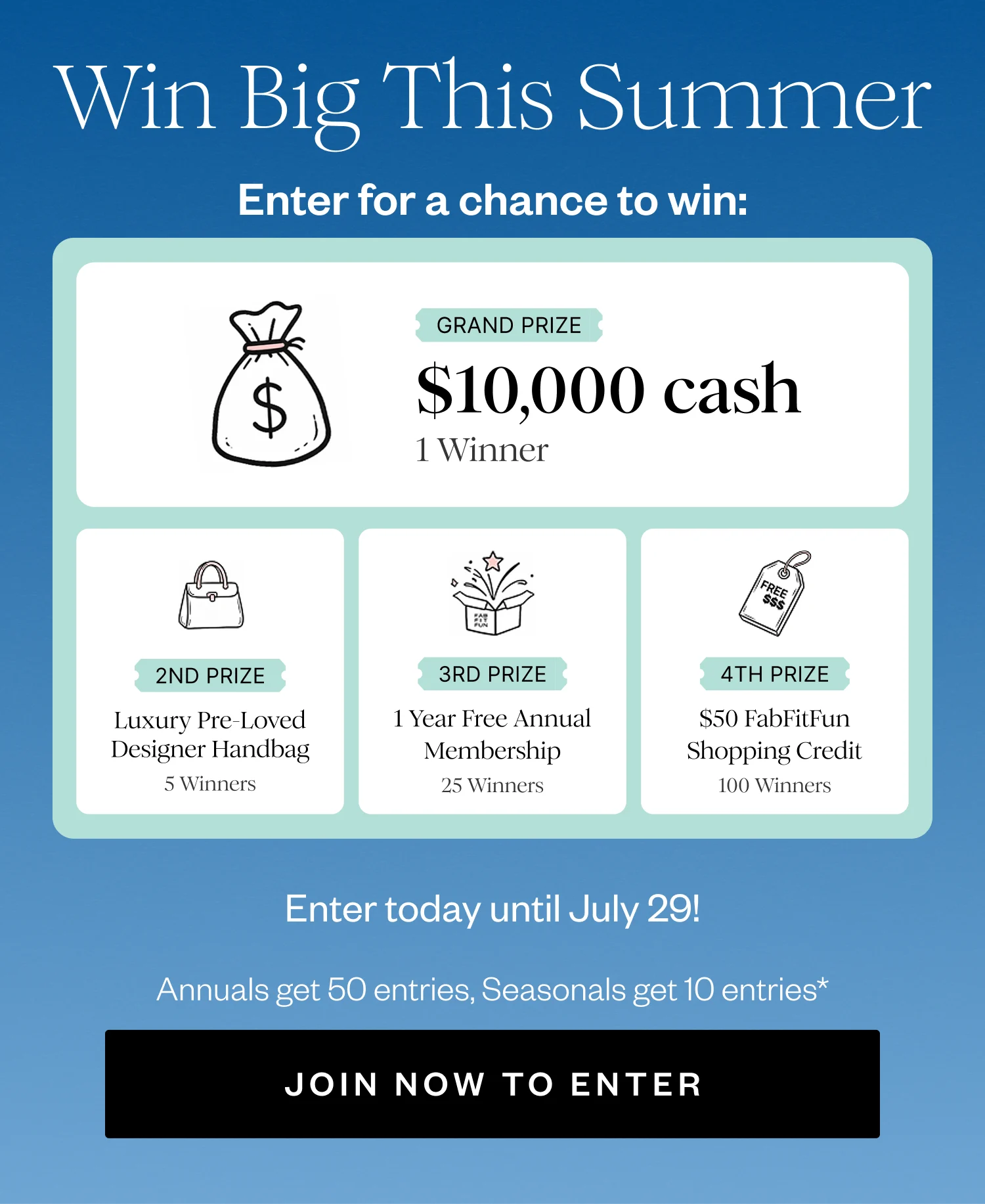 Win Big This Summer | Enter for a chance to win: | GRAND PRIZE $10,000 cash 1 Winner | 2ND PRIZE Luxury Pre-Loved Designer Handbag 5 Winners | 3RD PRIZE 1 Year Free Annual Membership 25 Winners | 4TH PRIZE $50 FabFitFun Shopping Credit 100 Winners | Enter today until July 29! | Annuals get 50 entries, Seasonals get 10 entries* | JOIN NOW TO ENTER